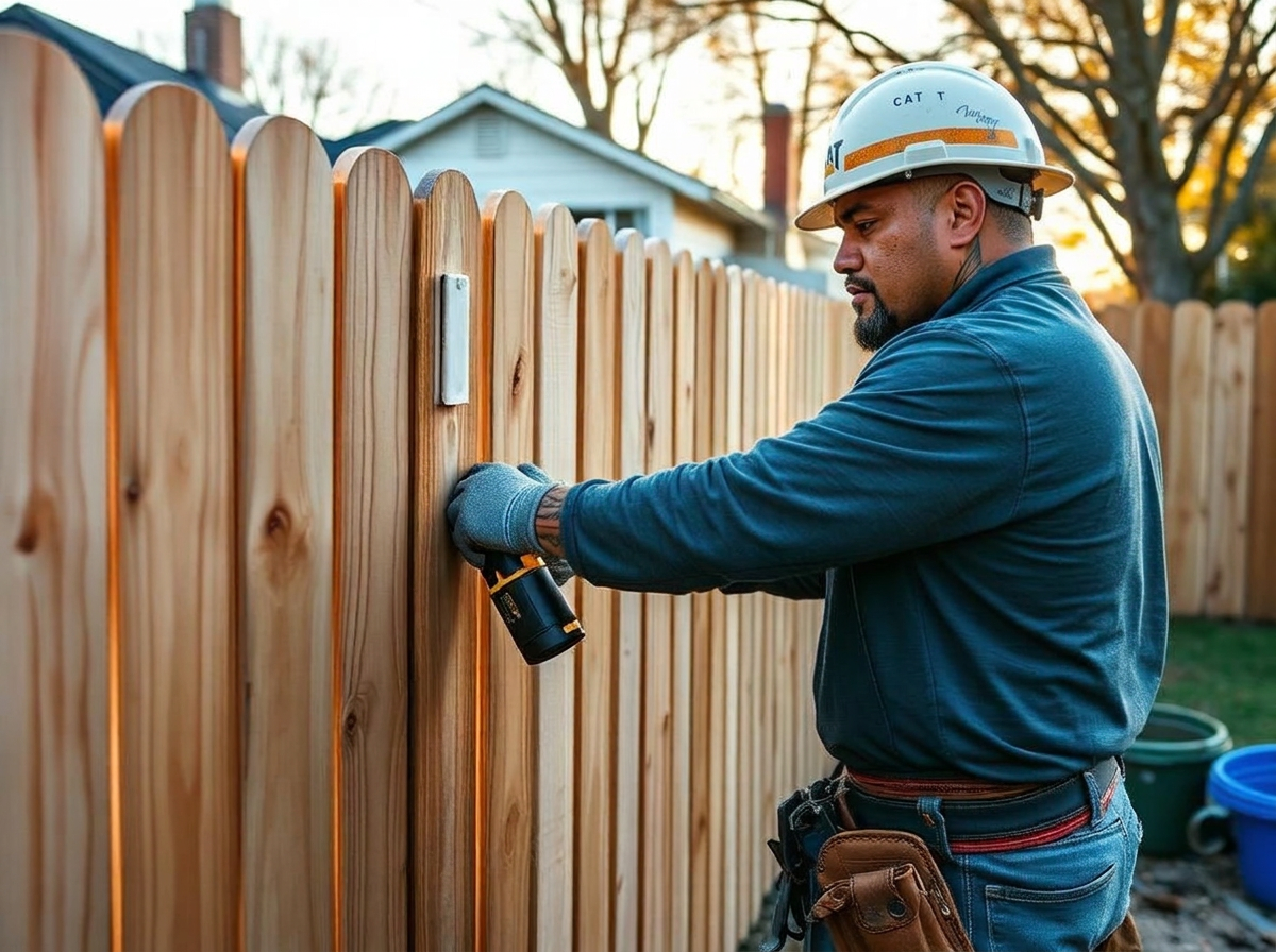 Solo fencing contractor installing a timber paling fence