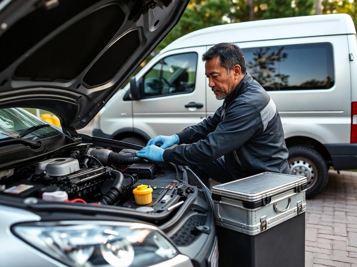 Solo mobile mechanic working on a car engine in a driveway