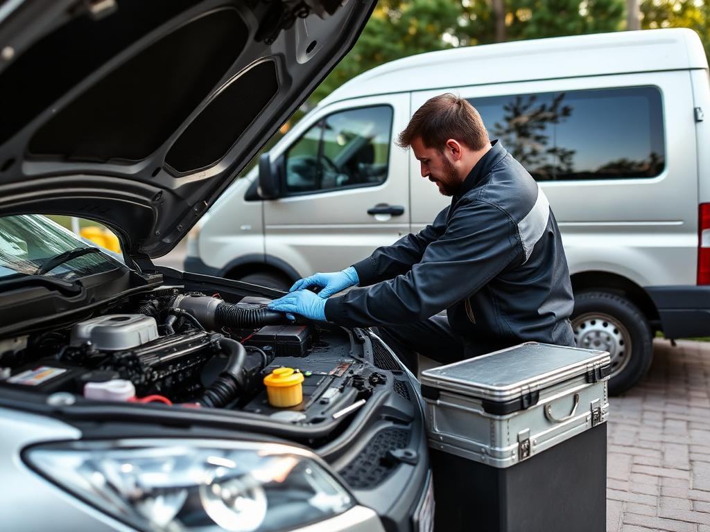 Solo mobile mechanic working on a car engine in a driveway