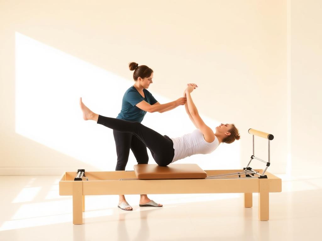 Pilates instructor coaching a client on a reformer in a bright studio