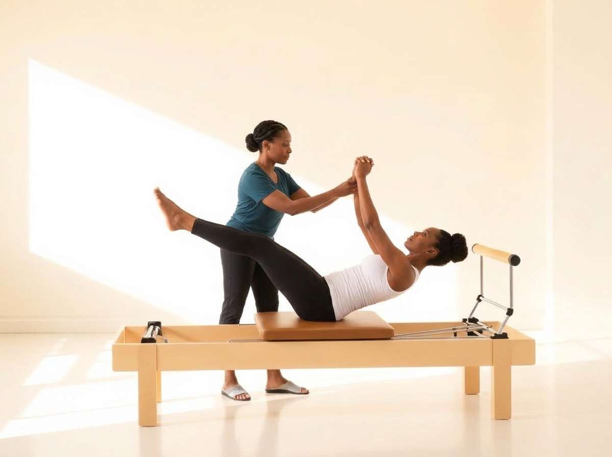 Pilates instructor coaching a client on a reformer in a bright studio