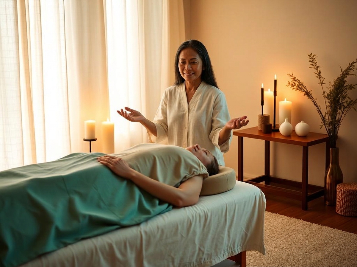 Reiki practitioner treating a client in a calm treatment room
