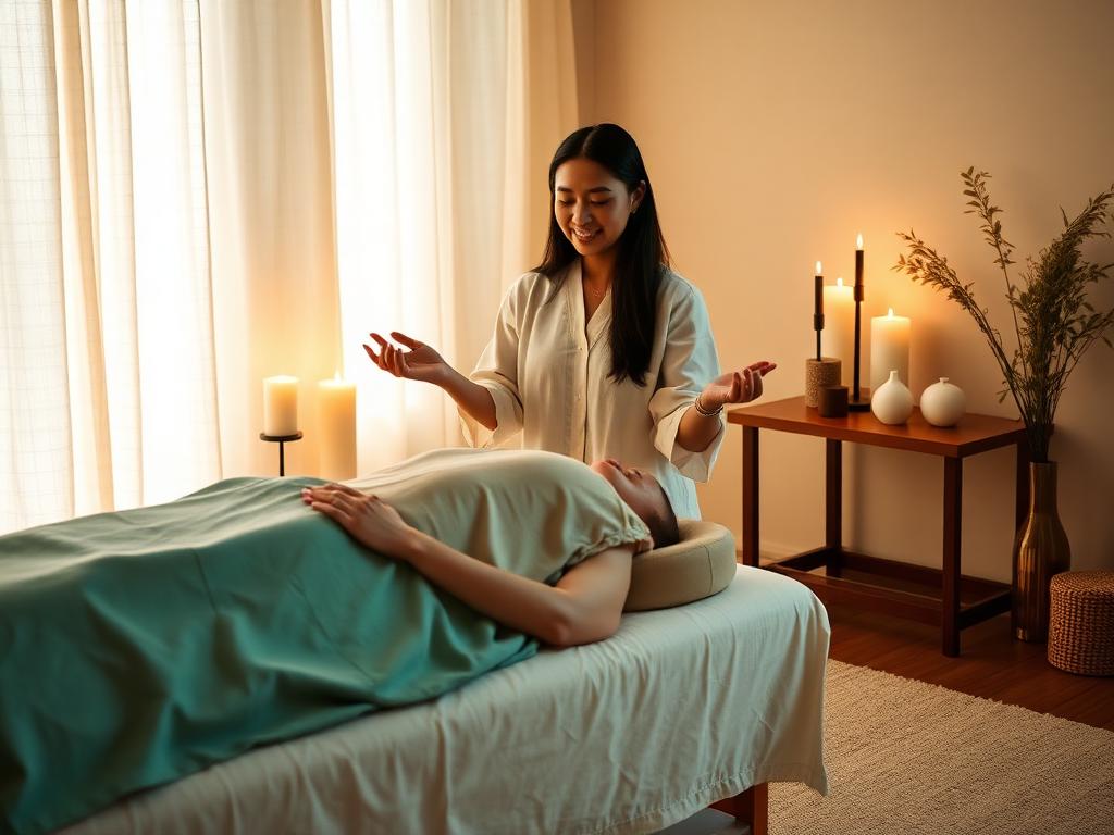 Reiki practitioner treating a client in a calm treatment room