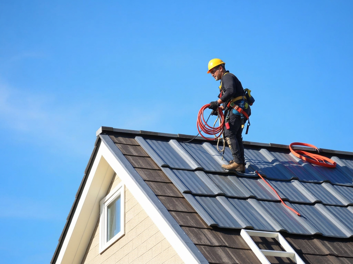 Solo roofer installing metal roof sheets on a house