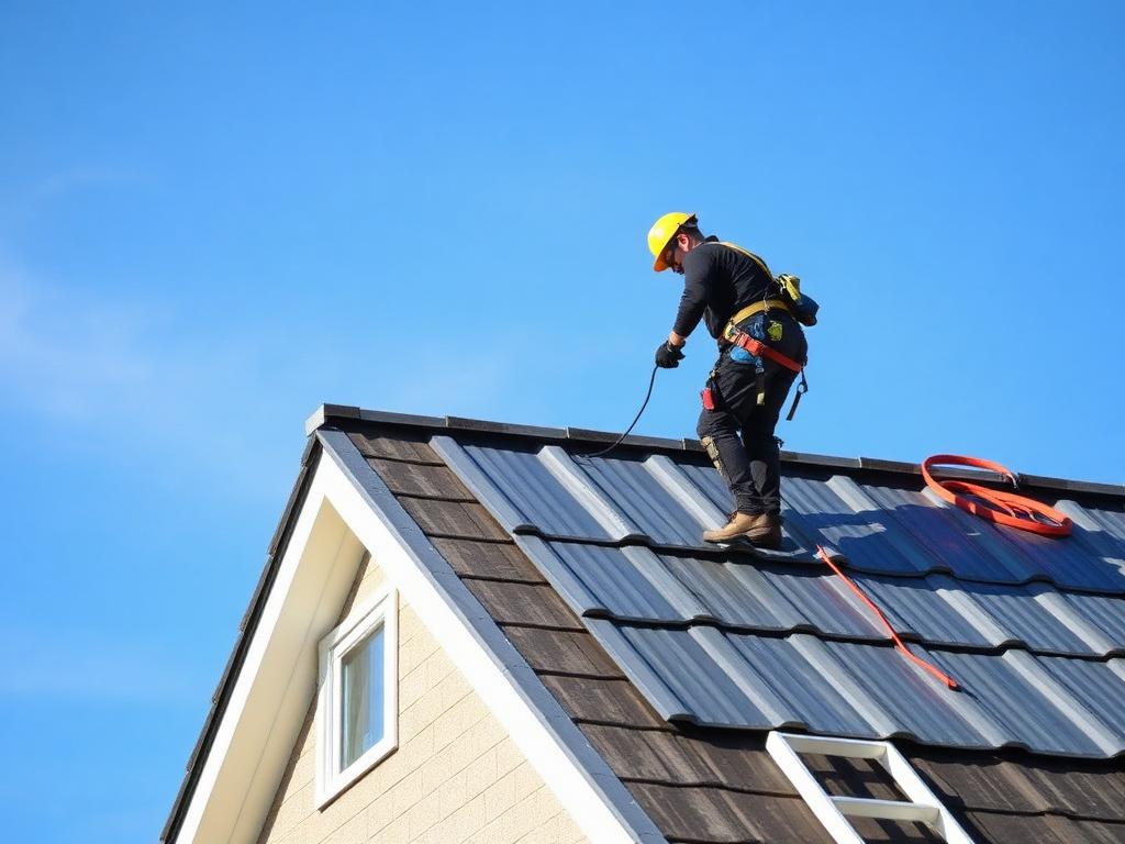 Solo roofer installing metal roof sheets on a house