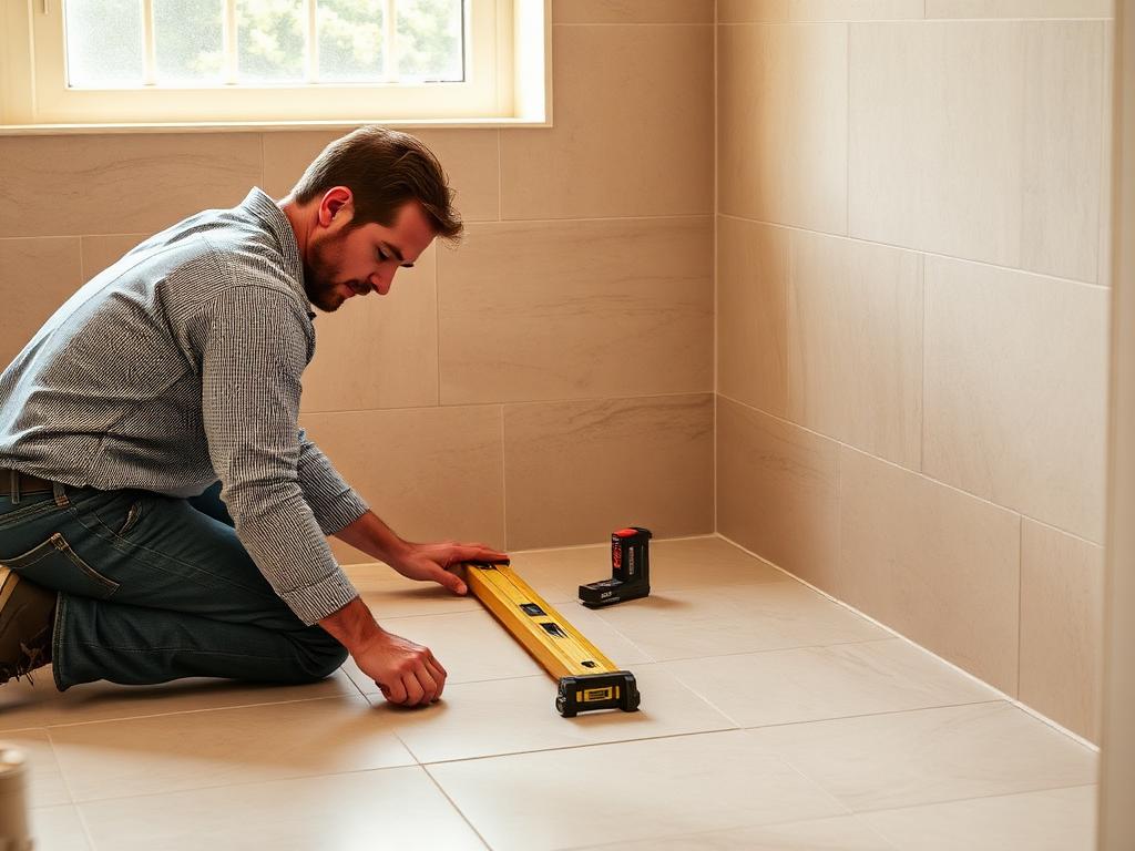 Solo tiler laying floor tiles in a bathroom renovation