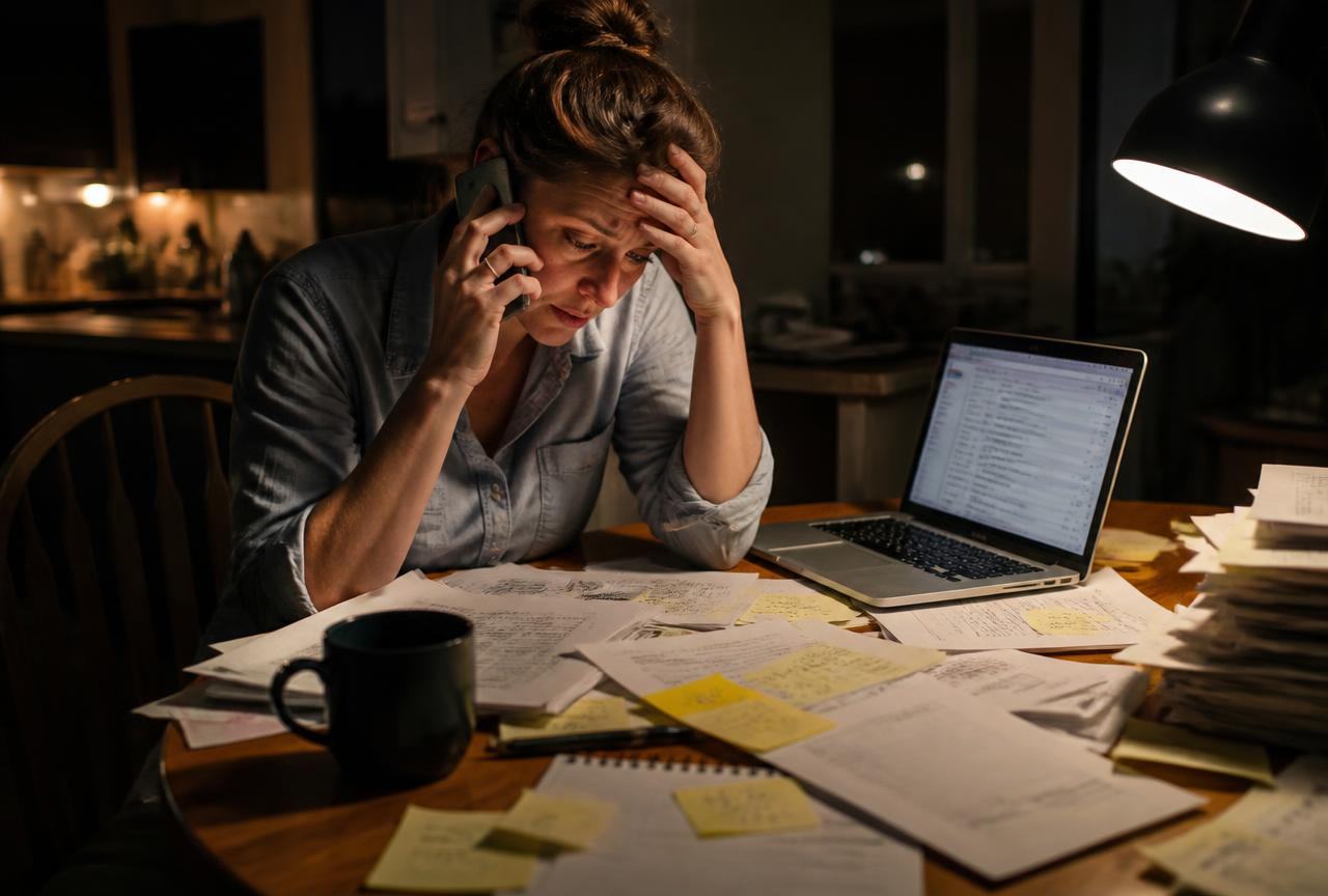 A solo business owner at night chasing quotes, follow-ups and unpaid invoices by hand