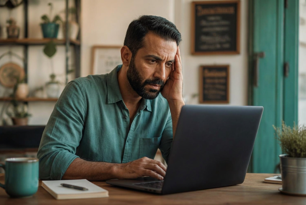 A business owner needing seo for small local business, searching her own service and town on a laptop and seeing only competitors in the results