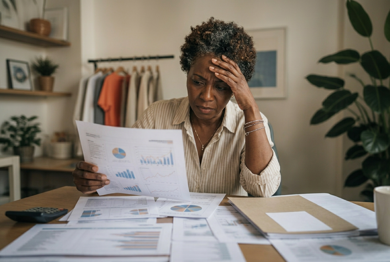 An overwhelmed business owner holding a confusing agency SEO report beside a monthly invoice