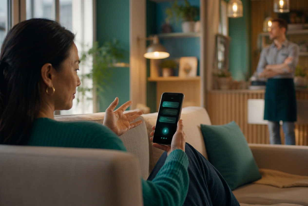 A customer asking an AI assistant on a phone for a local recommendation while the business owner stands unnoticed in the background