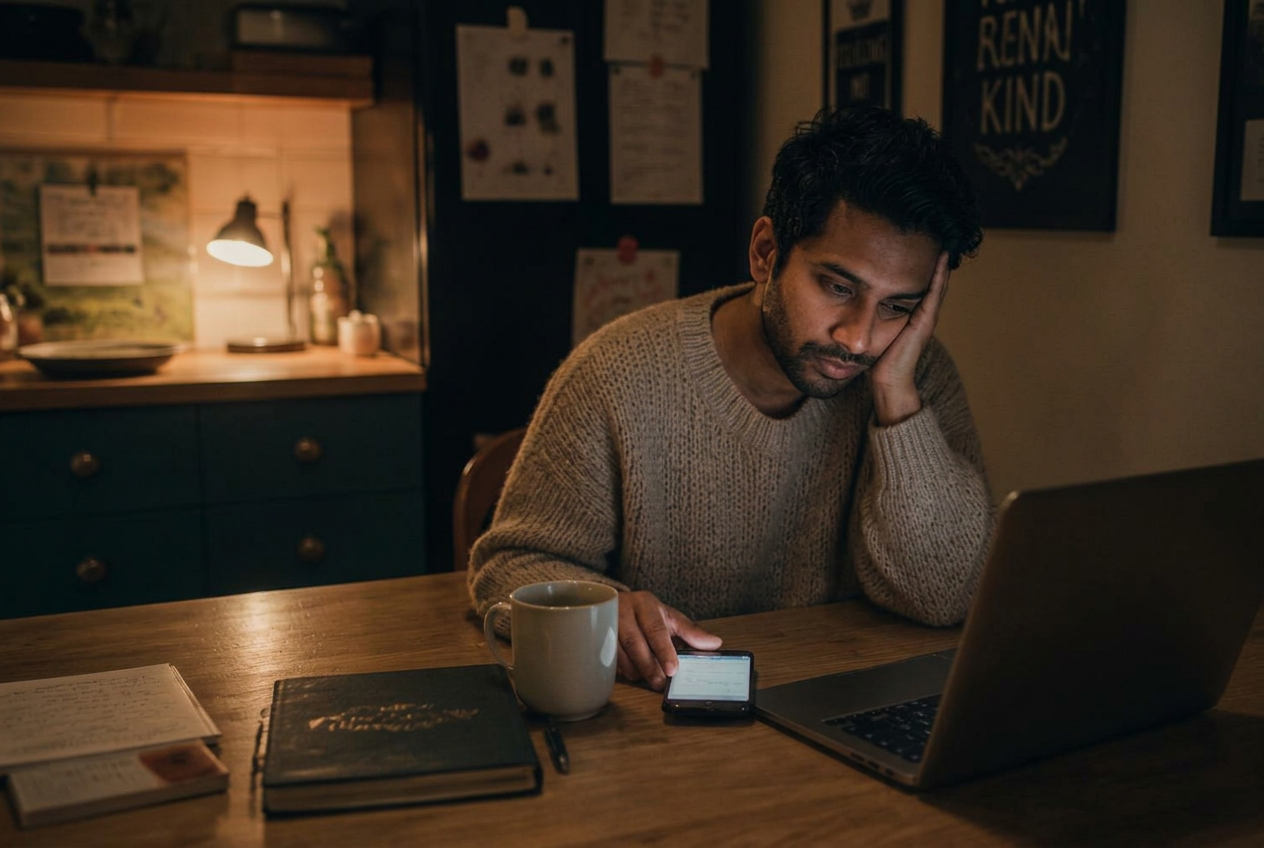 A solo business owner finishing client work late, with an empty social media ai caption box open beside her