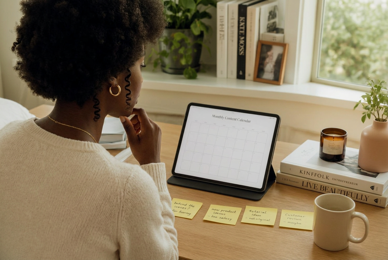 A business owner looking at an empty small business social media marketing calendar with a few unused post ideas on sticky notes
