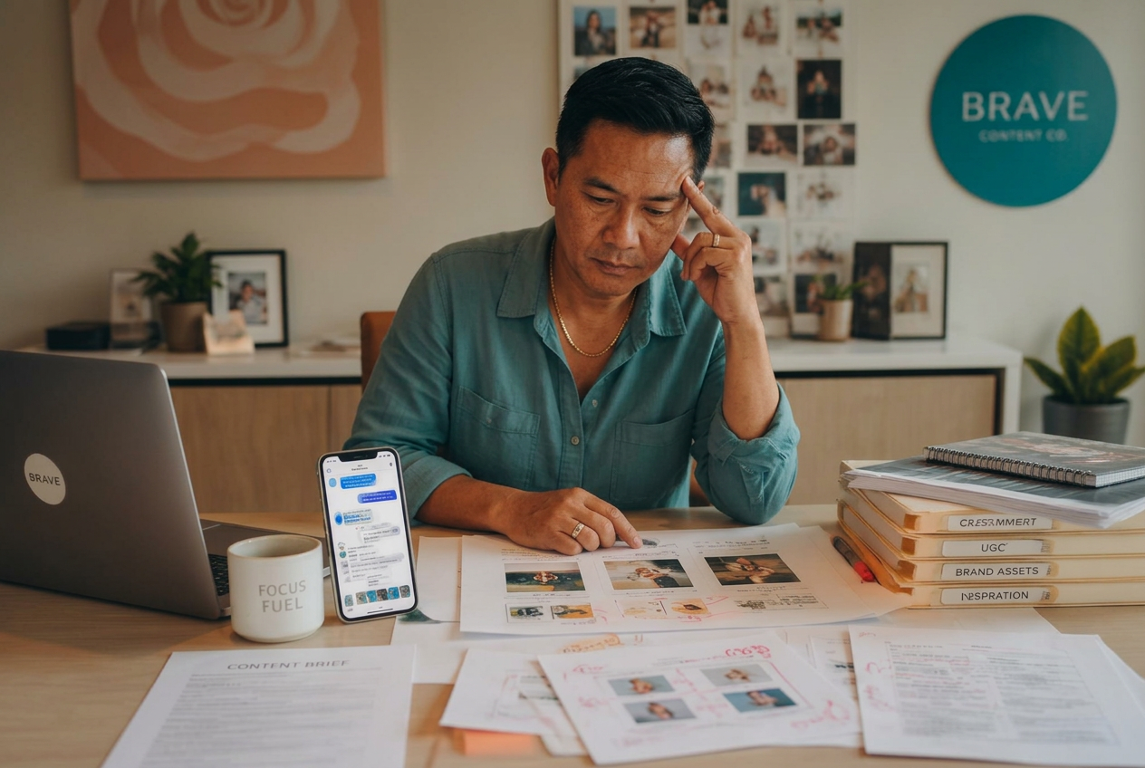 A business owner reviewing outsourced social posts, correcting captions and sending photos back and forth