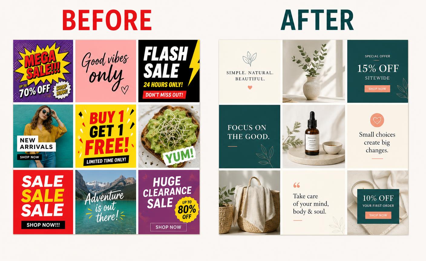 A messy, inconsistent social grid with blank captions and random graphics on the left, transformed into a complete branded grid with finished captions, platform versions and a filled Alive24 calendar on the right