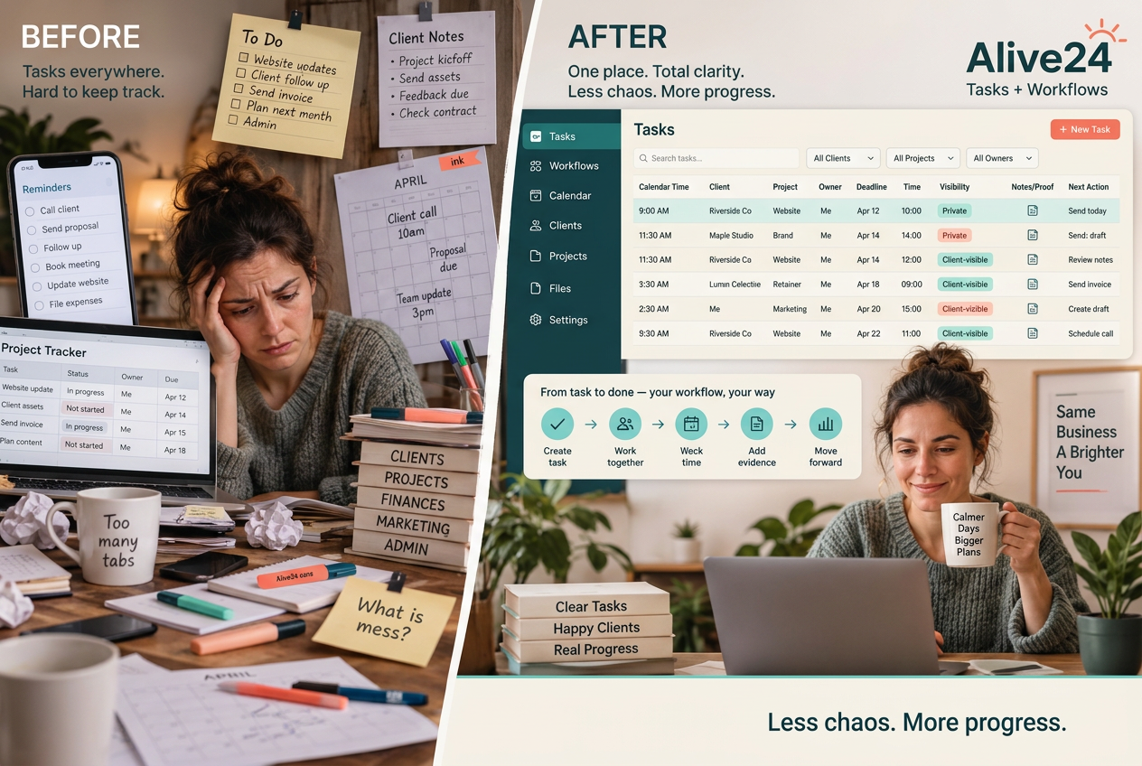 Scattered reminders, checklists and calendar notes beside one connected Alive24 task and workflow dashboard
