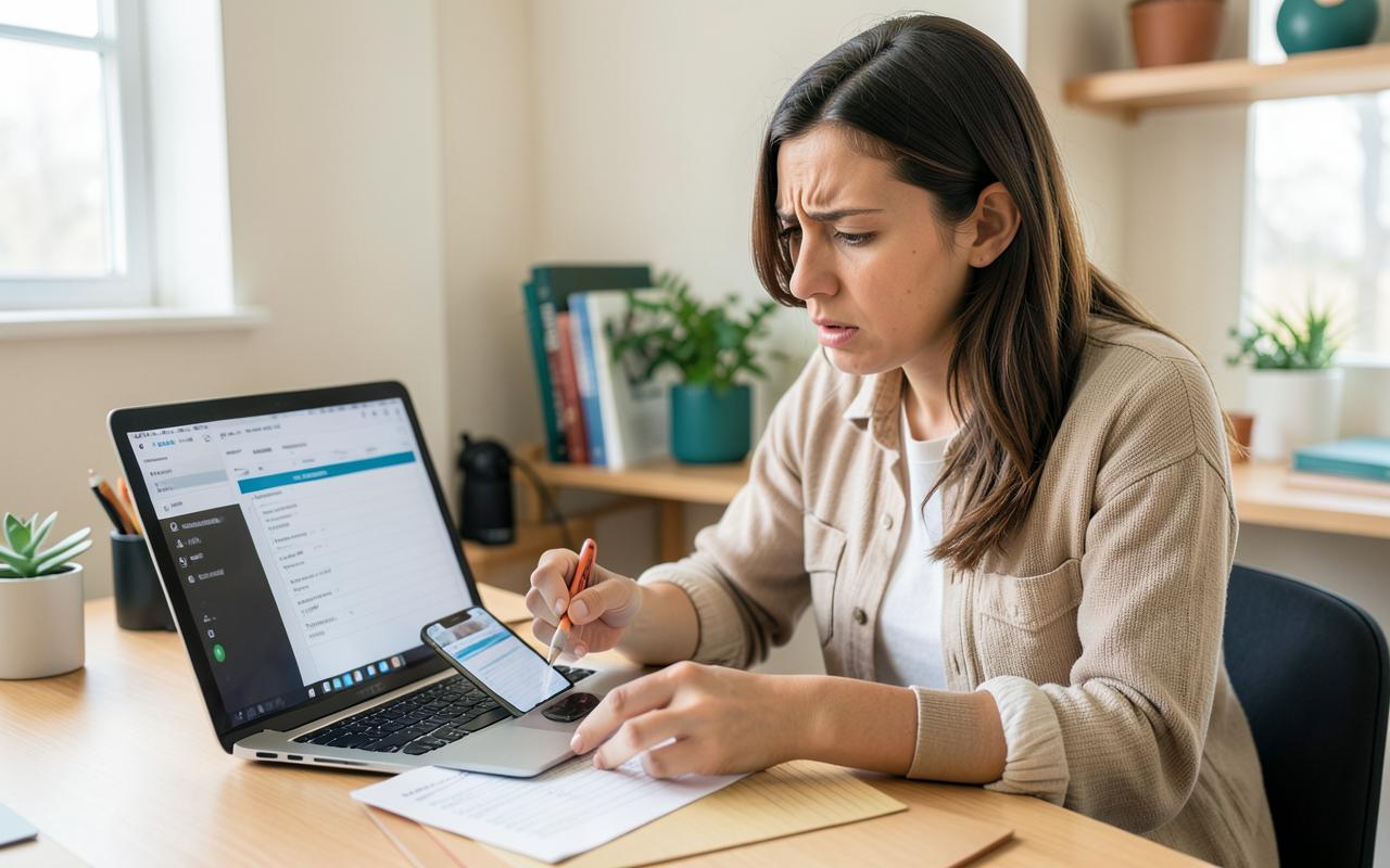 A creative business owner checking disconnected lists instead of task assignment software