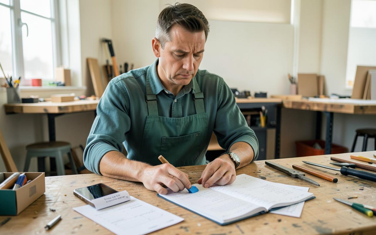 A trades business owner juggling paper reminders before using a task management app