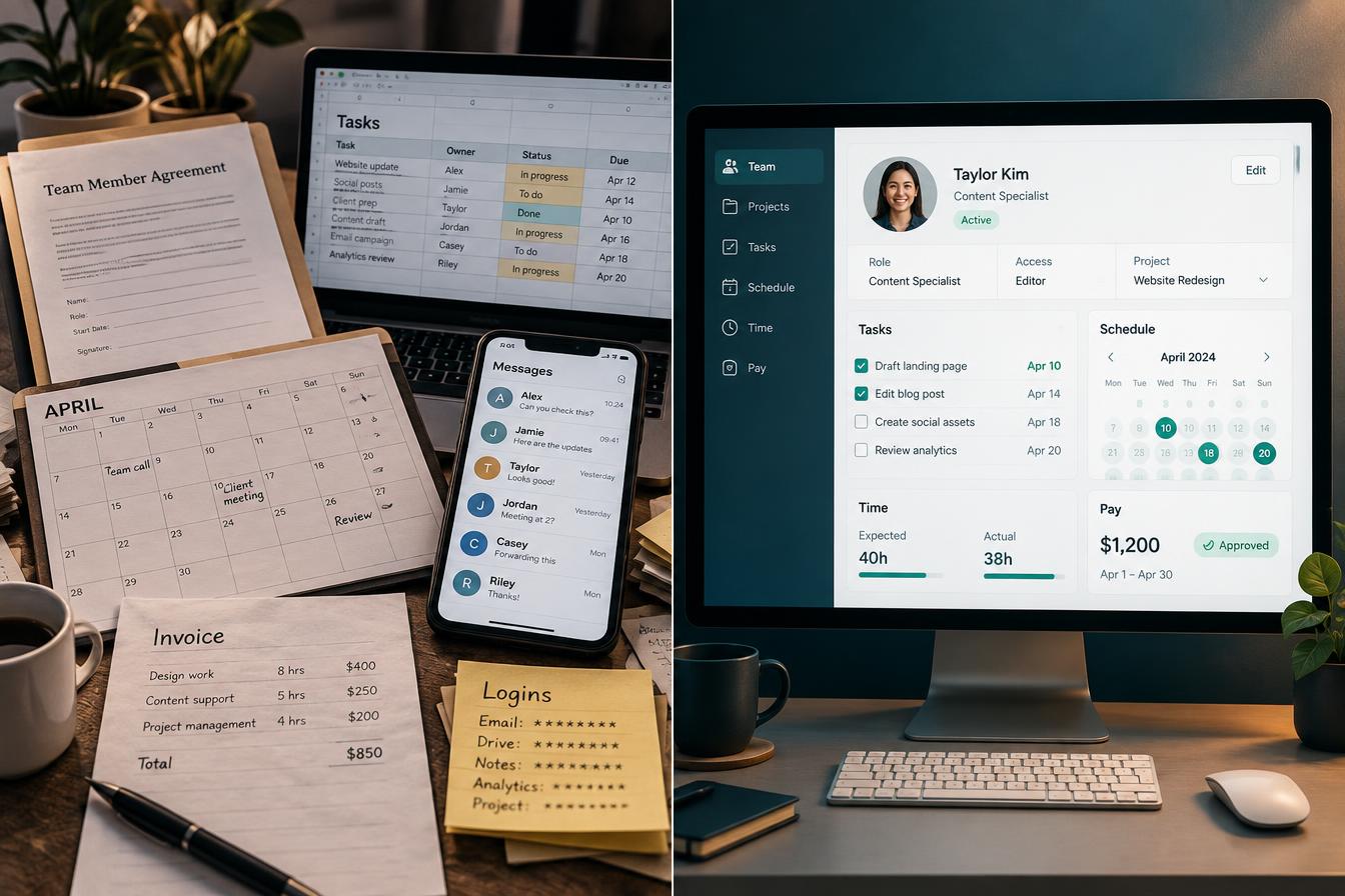 Scattered agreements, spreadsheets, messages and invoices beside one connected Alive24 team record