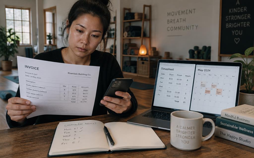 A wellness studio owner comparing a contractor invoice with separate employee timesheet software