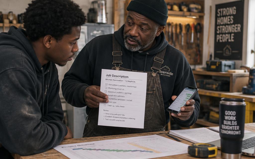 A trades owner explaining the same job instructions again from a printed sheet