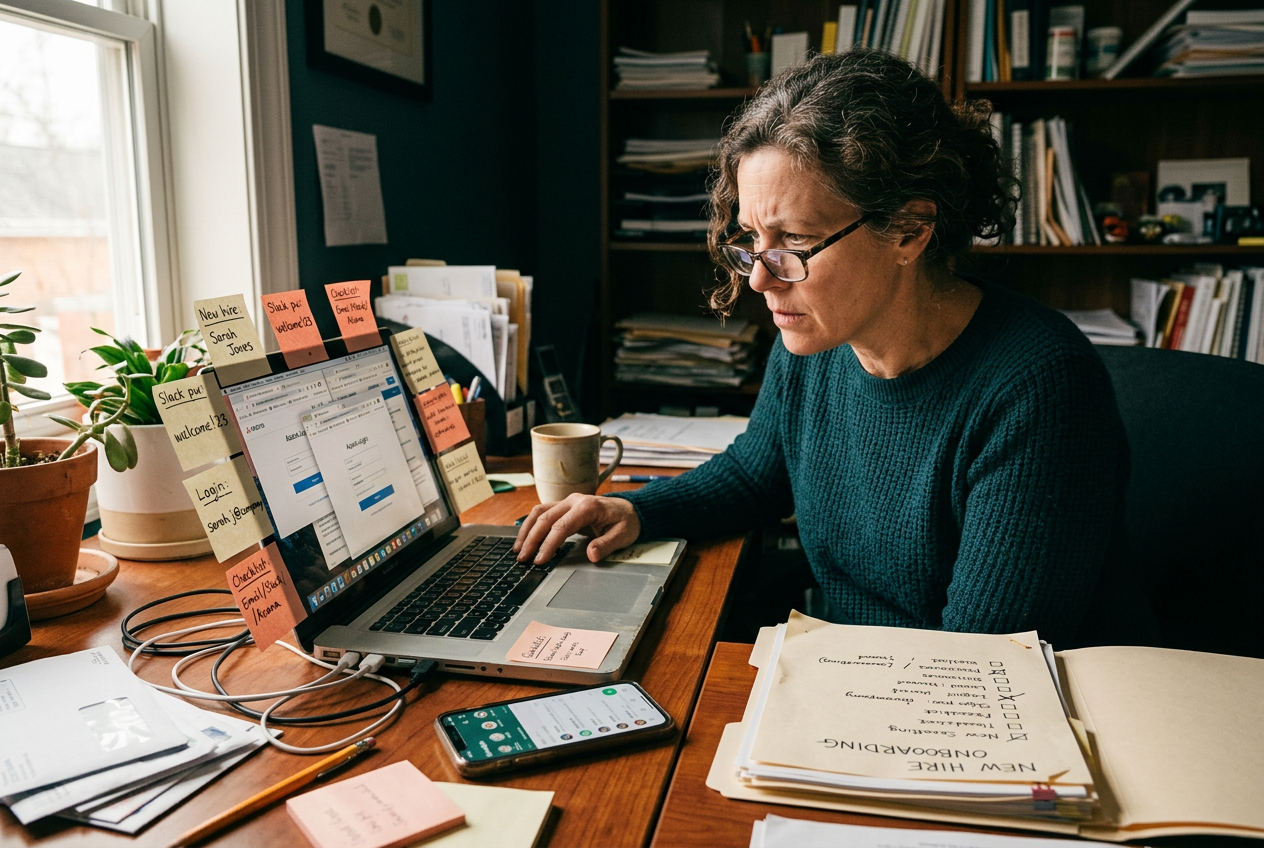 A small-business owner adding one team member to many separate logins instead of one employee management app