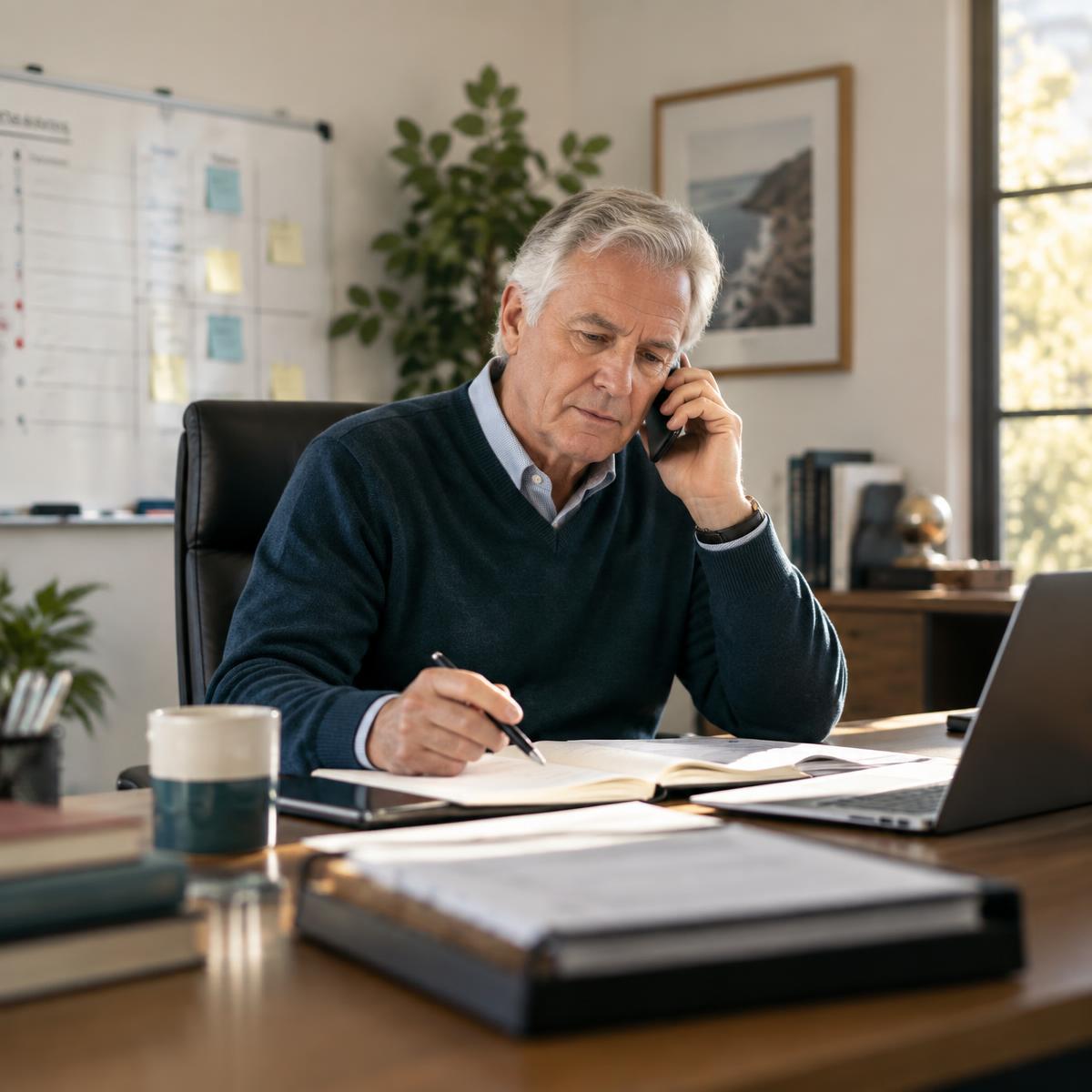 A professional services owner on the phone chasing a work update
