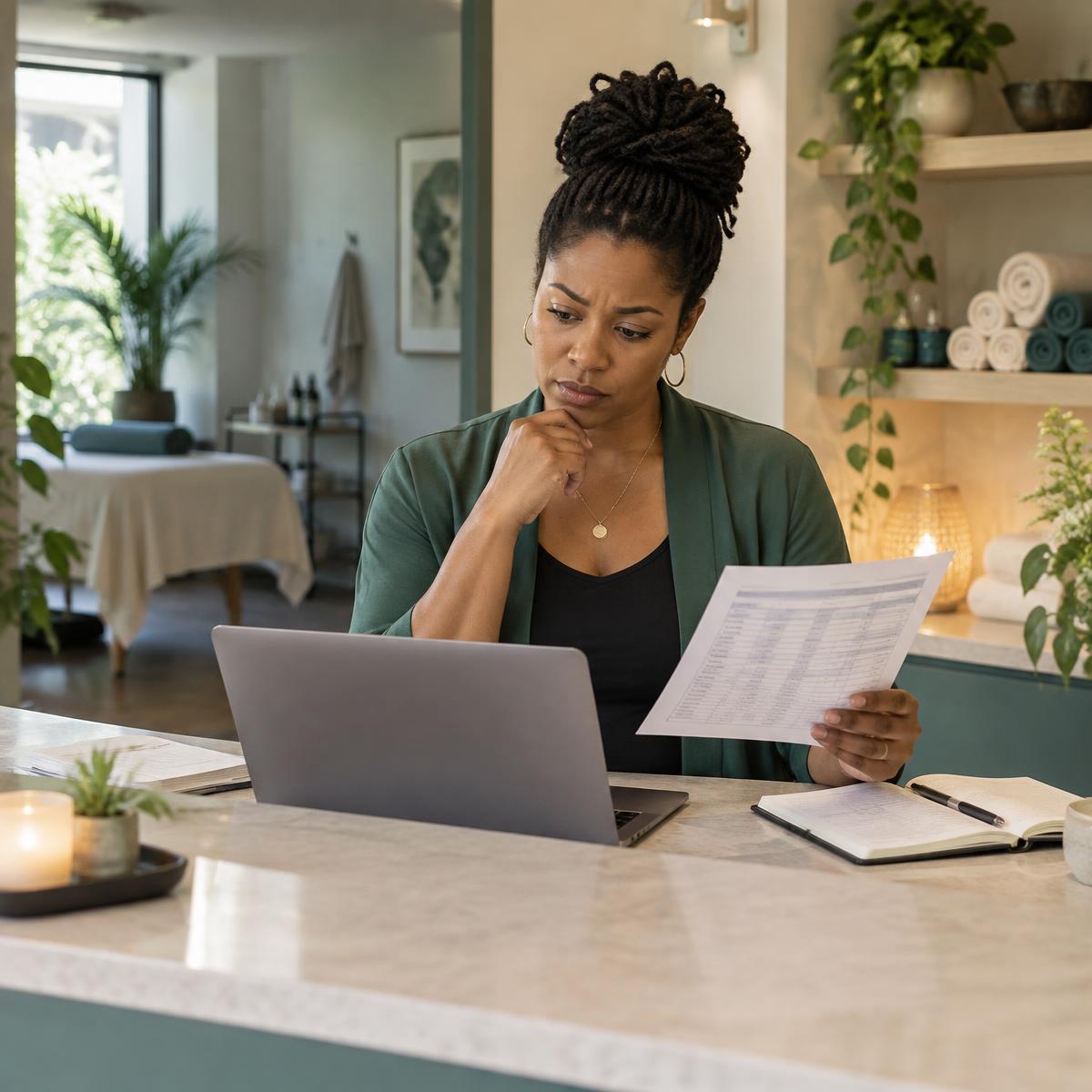 A wellness studio owner comparing a paper timesheet with employee scheduling software