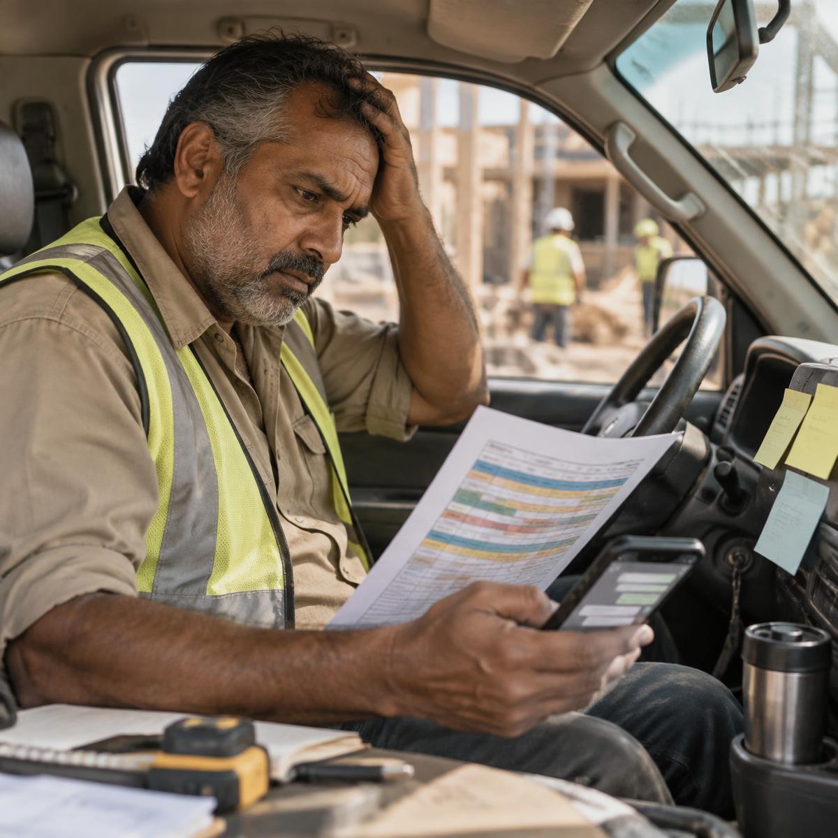 A trades business owner working from a printed roster before using a staff scheduling app