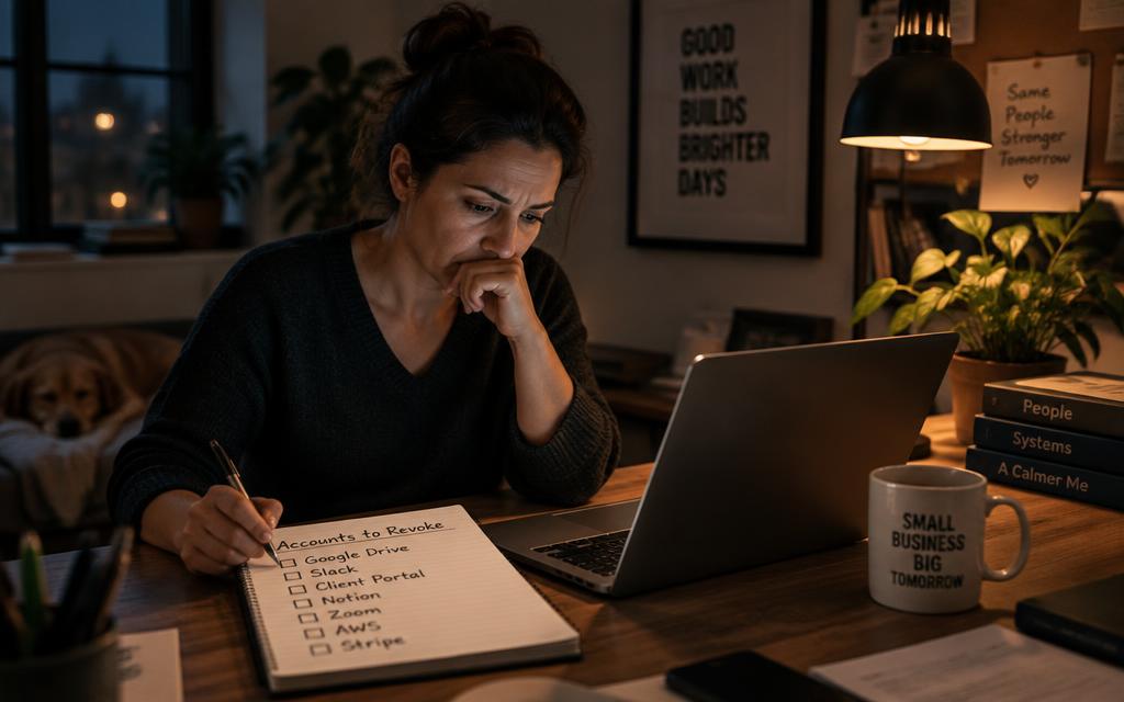 An owner working late through a handwritten list of accounts a departed contractor still has access to