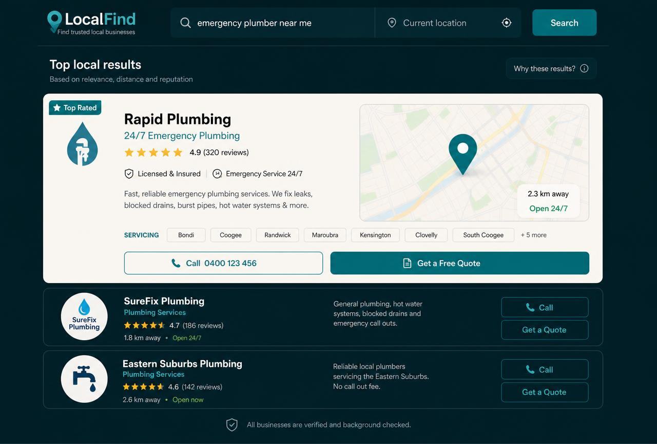 Local search results showing a solo trade business first