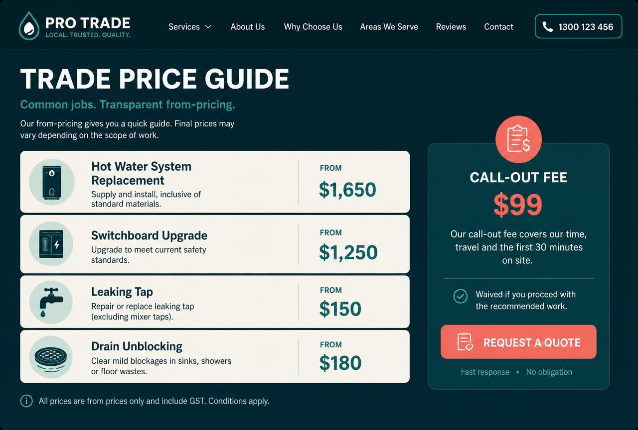Trade price guide page listing from-prices for common jobs