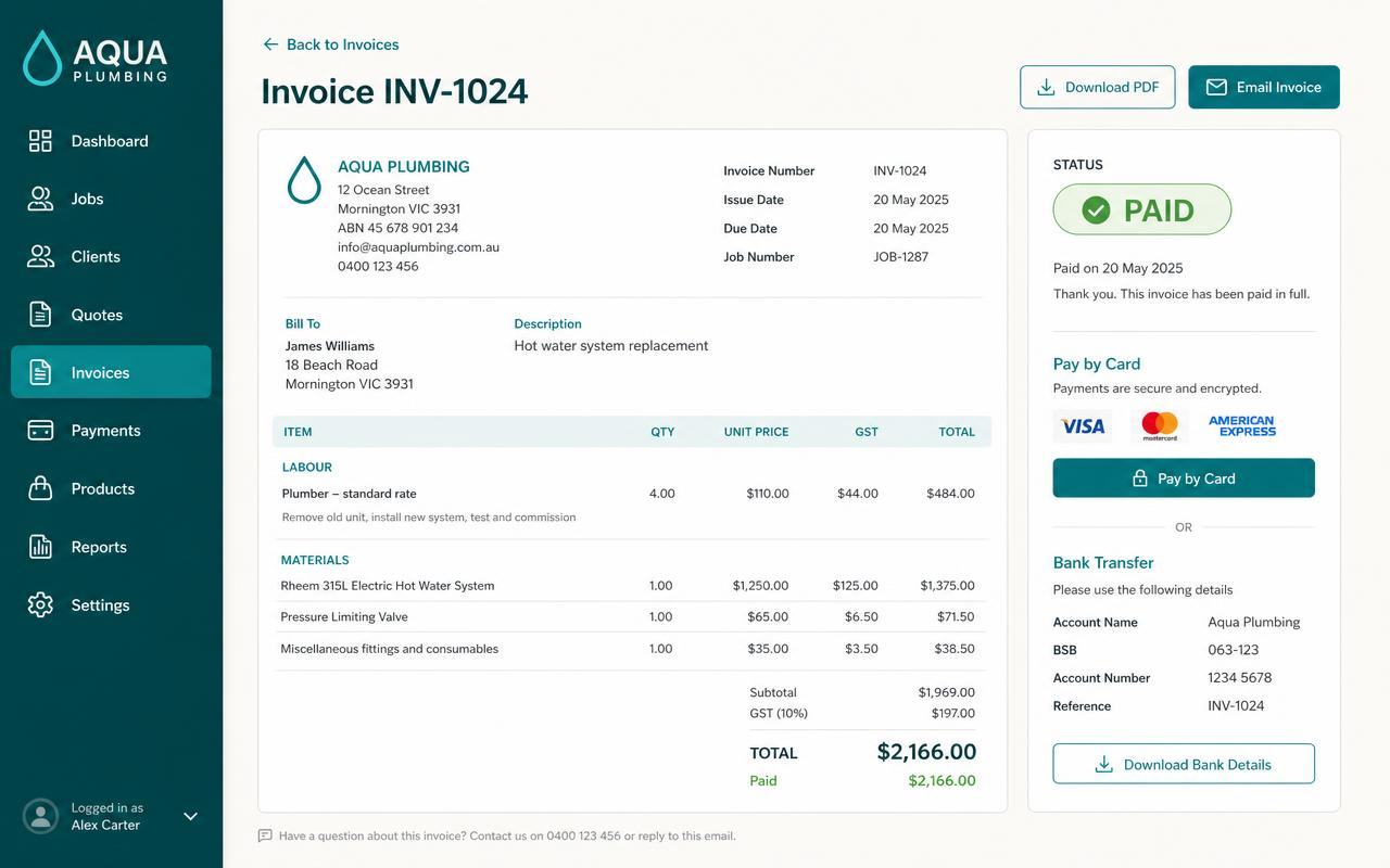 Trade invoice with card and bank payment options