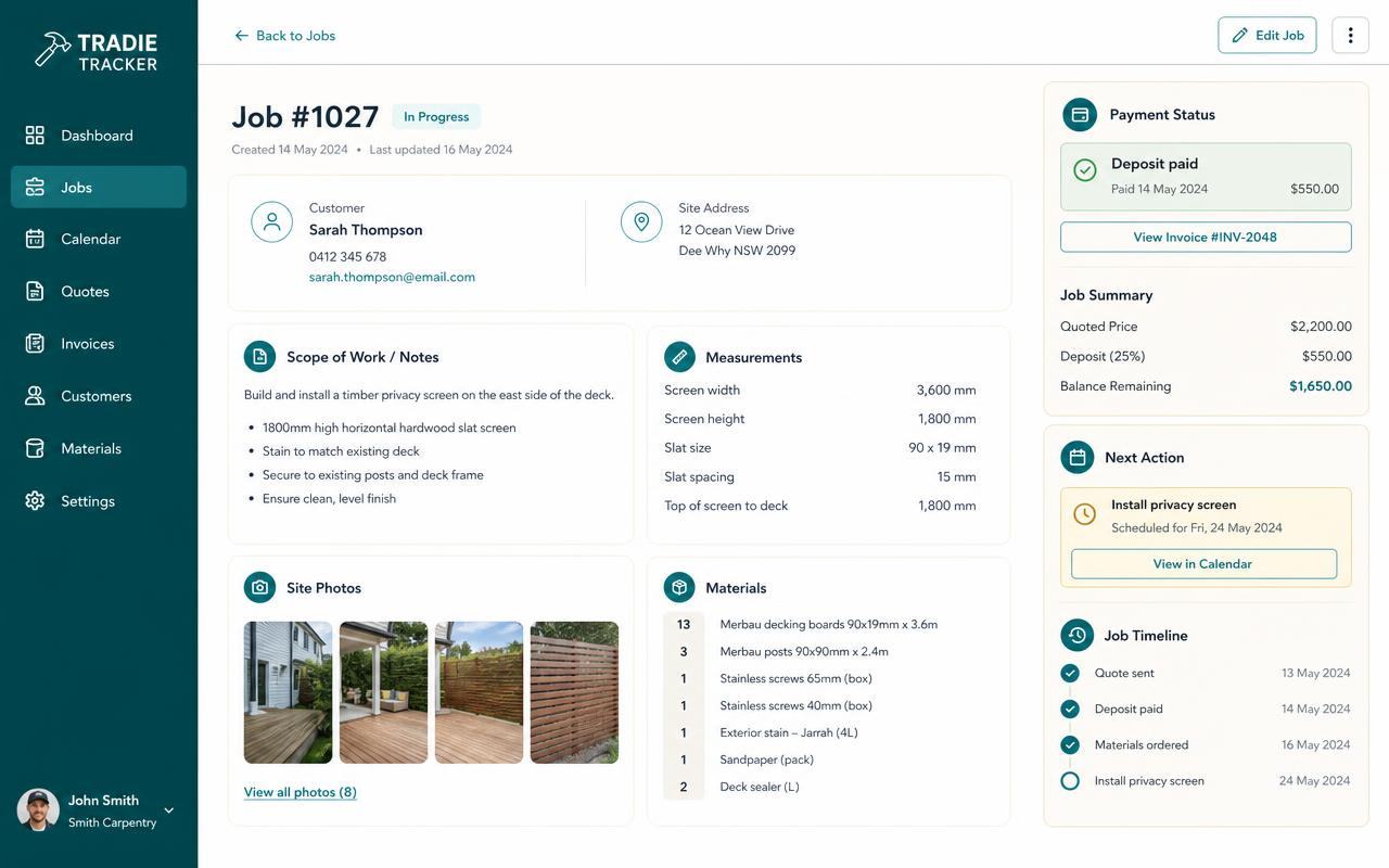 Job record with scope, photos, measurements and materials