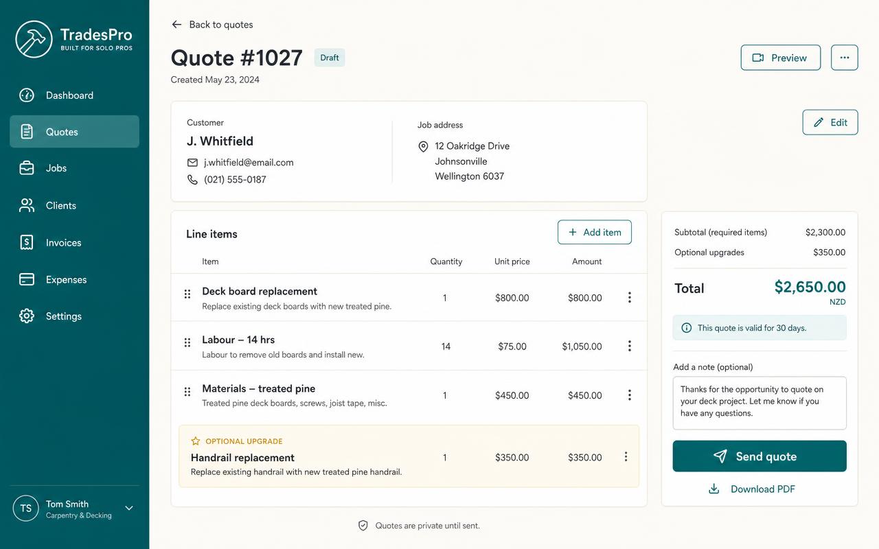 Quote builder with labour, materials and optional extras