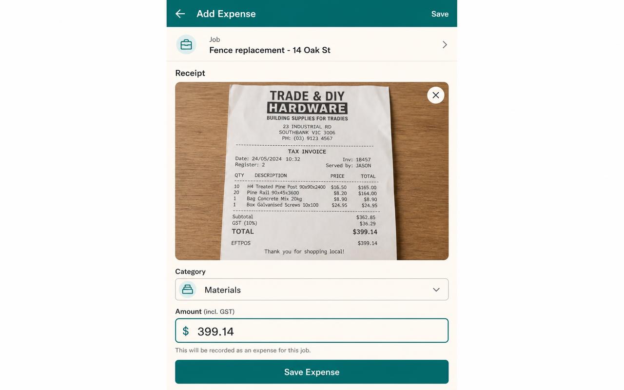 Supplier receipt photographed and tagged to a job