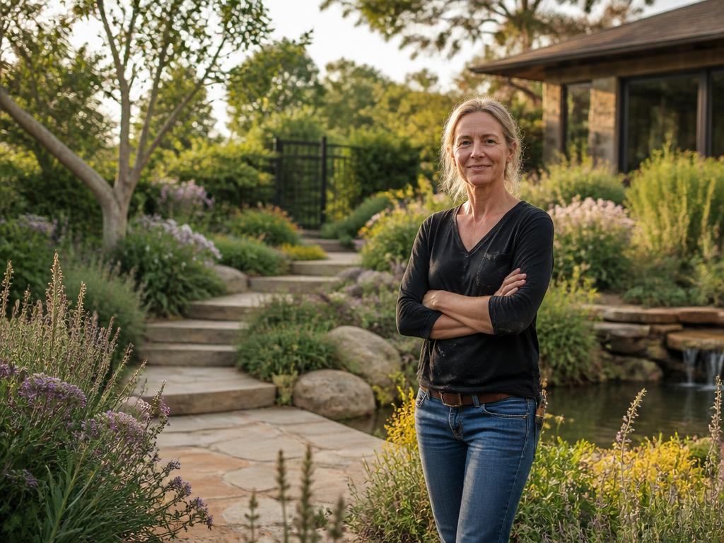 Solo landscape designer standing in a lush, layered garden she designed and built