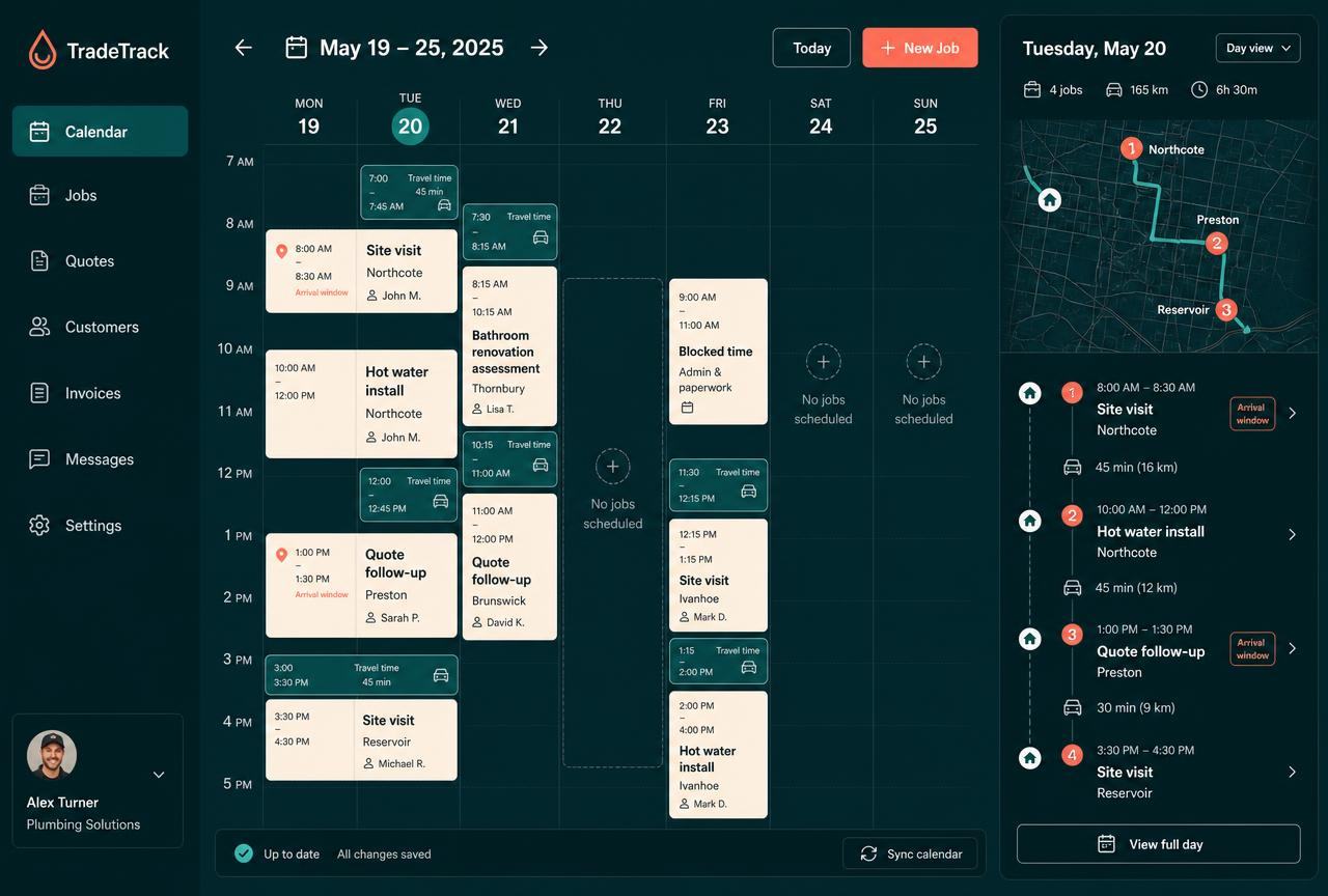 Job calendar showing site visits, installs and travel time for the week