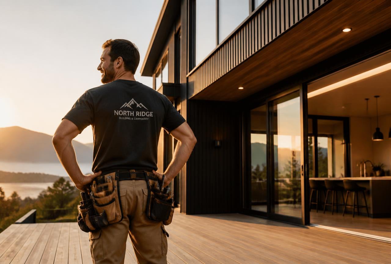 Solo tradesperson standing back from a finished job while Alive24 runs the business around him