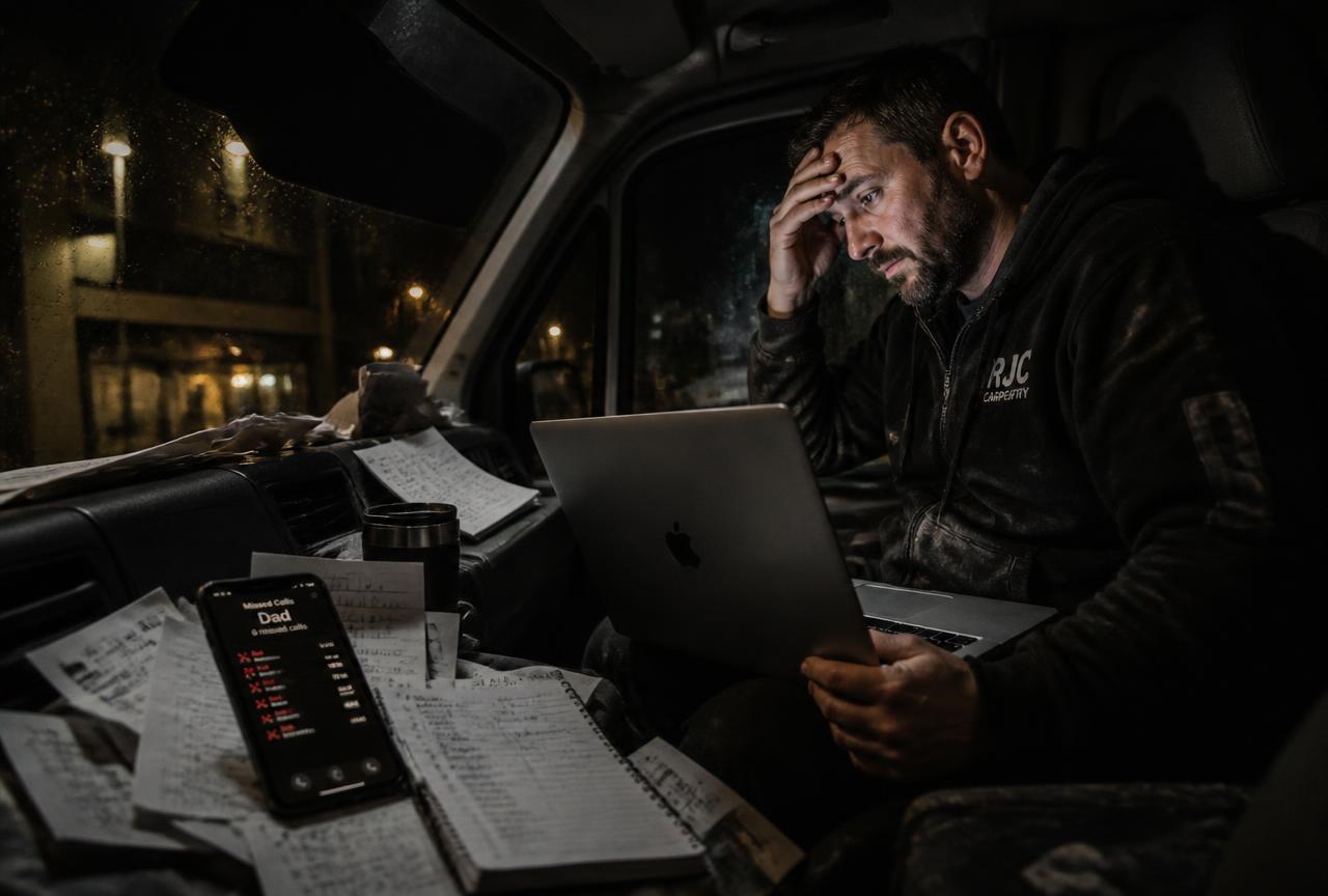 Solo tradesperson doing paperwork in the front of his van at night, dashboard covered in receipts, quotes and a notebook