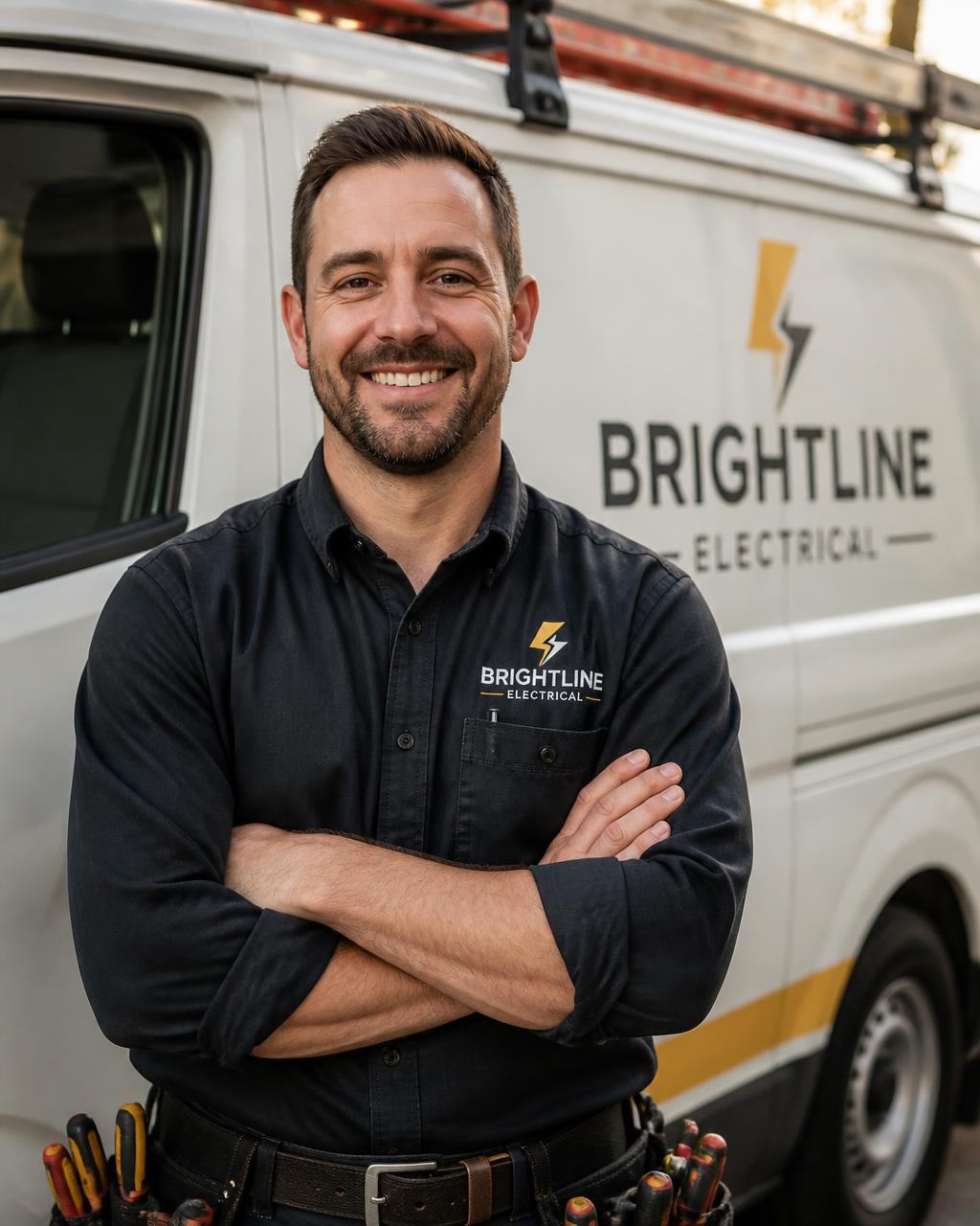 Dean, a solo electrician, smiling in front of his work van after moving his whole business onto Alive24