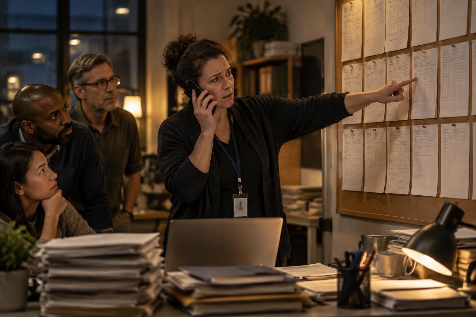 A manager on the phone pointing at a board of unfinished paper session notes