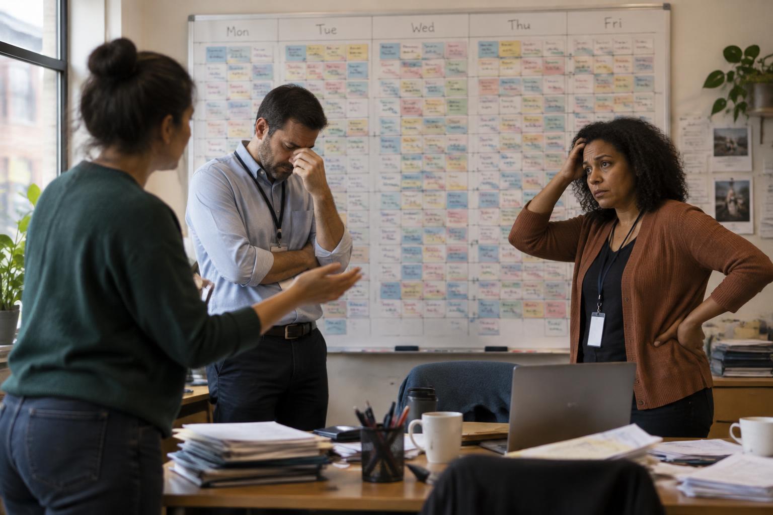 Staff standing at a whiteboard full of hand-written sessions looking overwhelmed