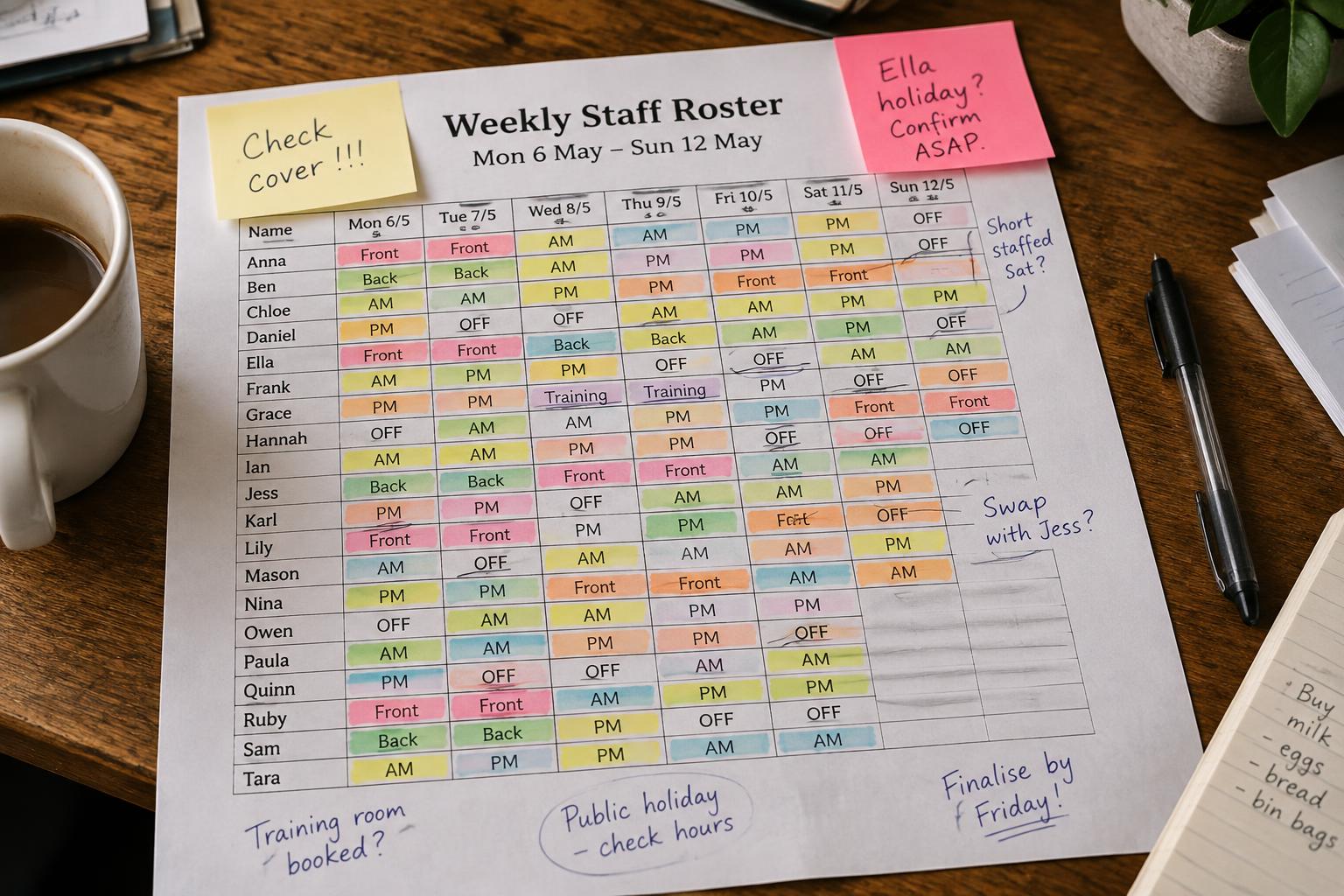 A printed colour-coded weekly staff roster covered in handwriting and sticky notes