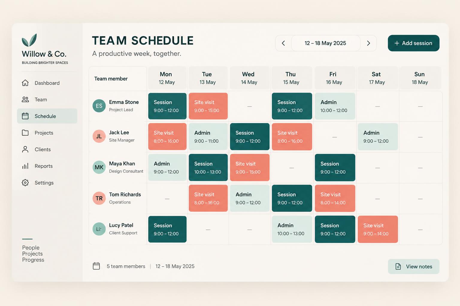 An Alive24 team schedule for the week showing each team member, their work type and their hours