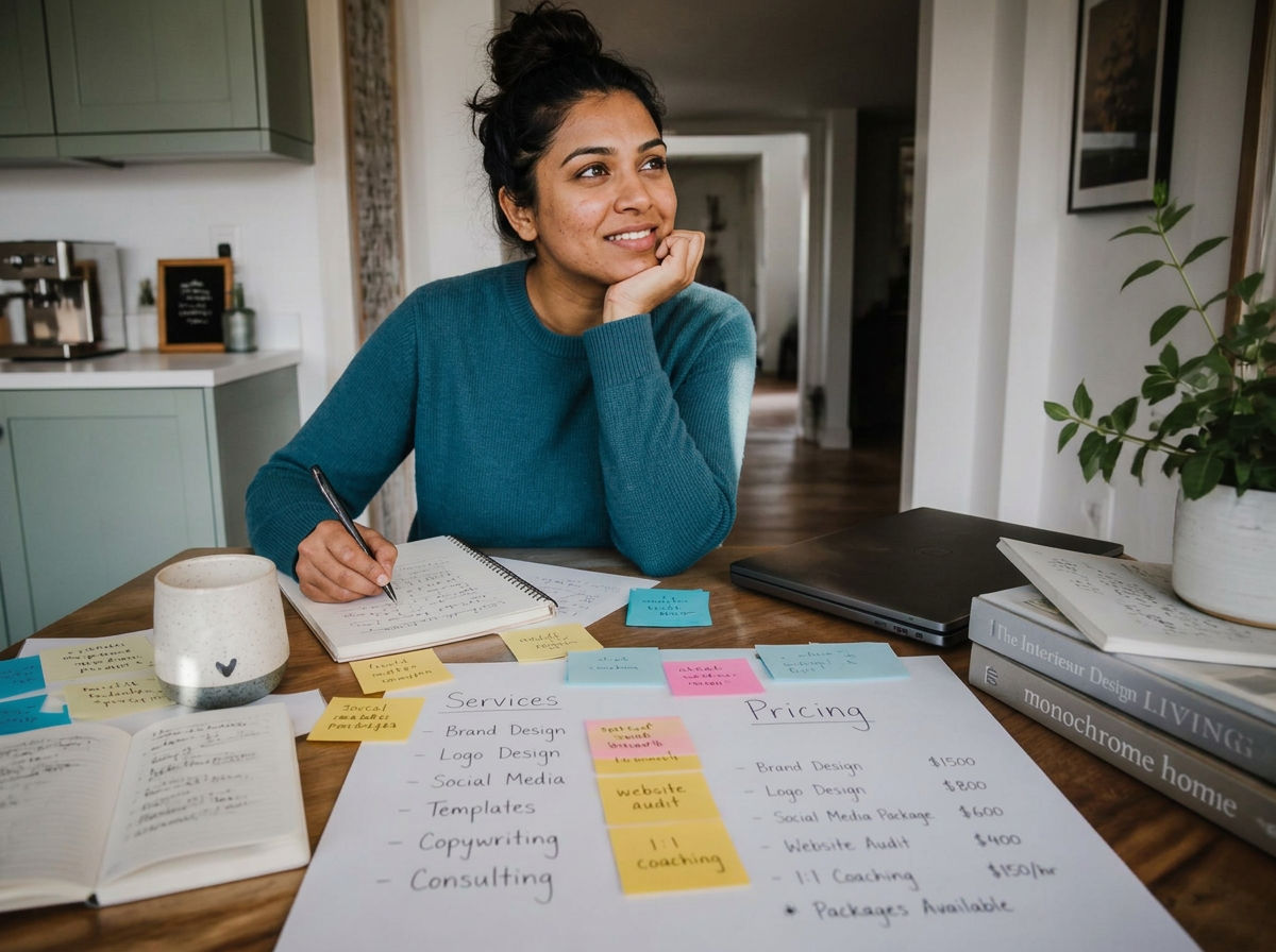 A new solo business owner at her kitchen table with handwritten service ideas and draft prices, about to use an AI website builder for small business