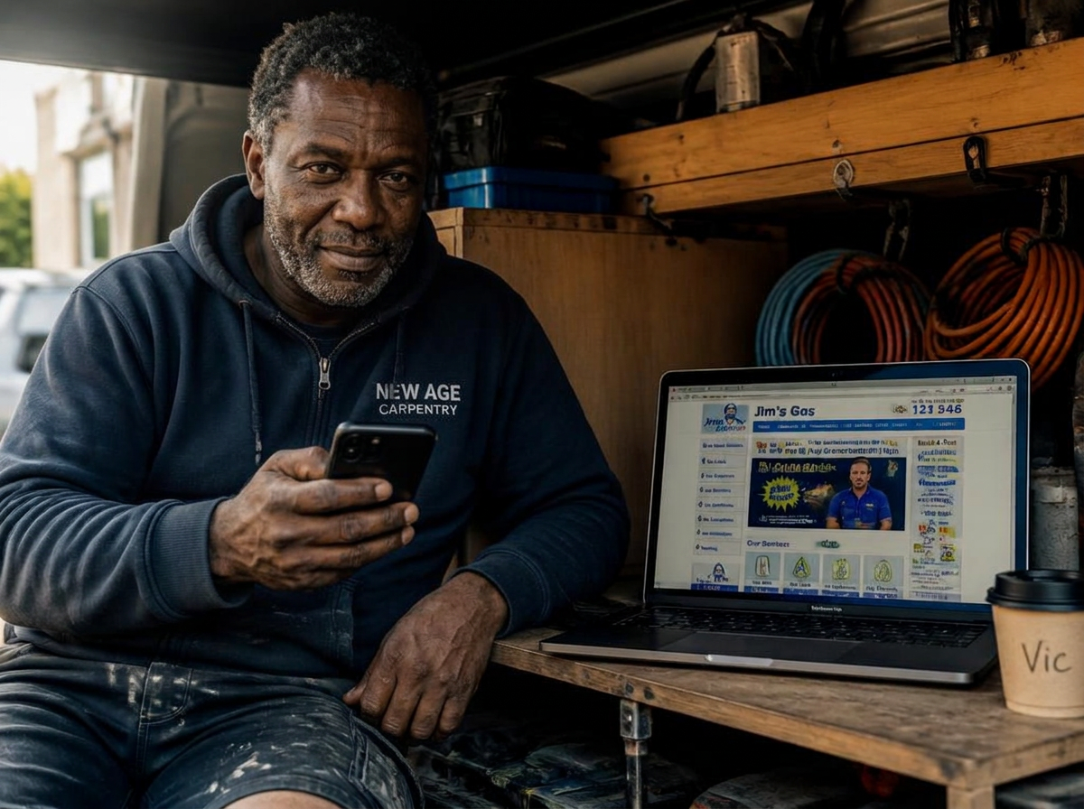 A tradesman in his work van frowning at his outdated website on his phone, comparing it with an ai powered website builder on a laptop beside him