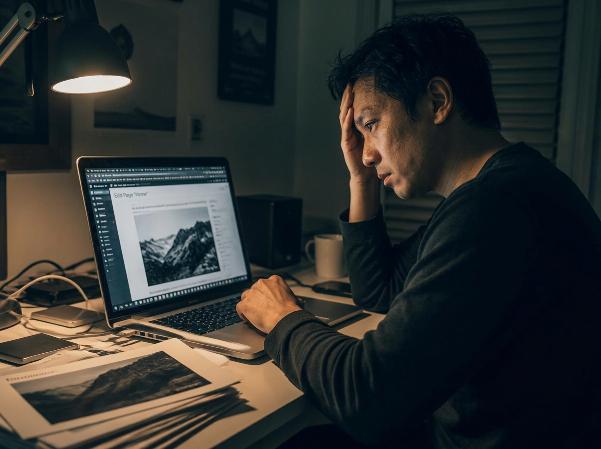 A solo business owner working late at a home desk, editing his own website in a page builder while searching for the best ai website builder