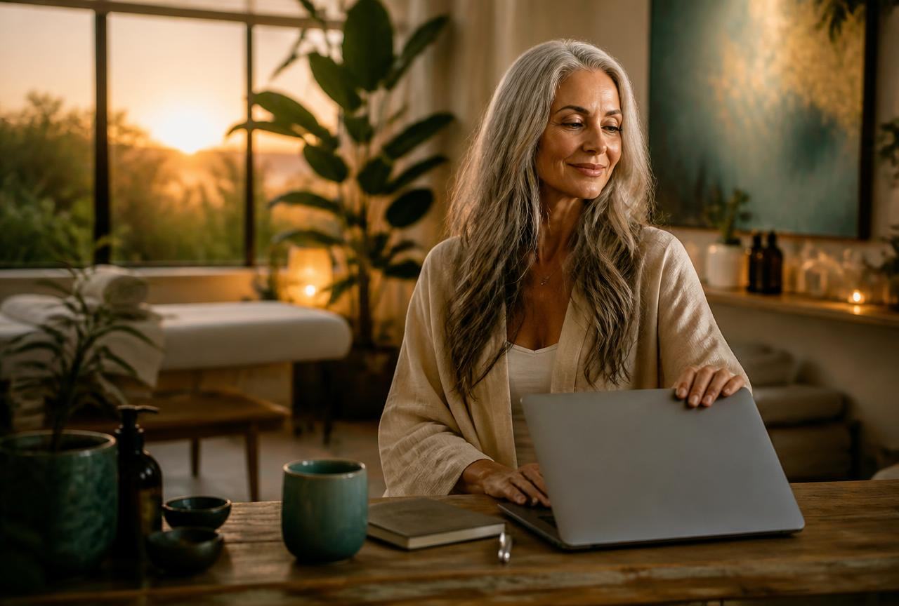 Wellness practitioner working happily with a client while Alive24 runs the business around them