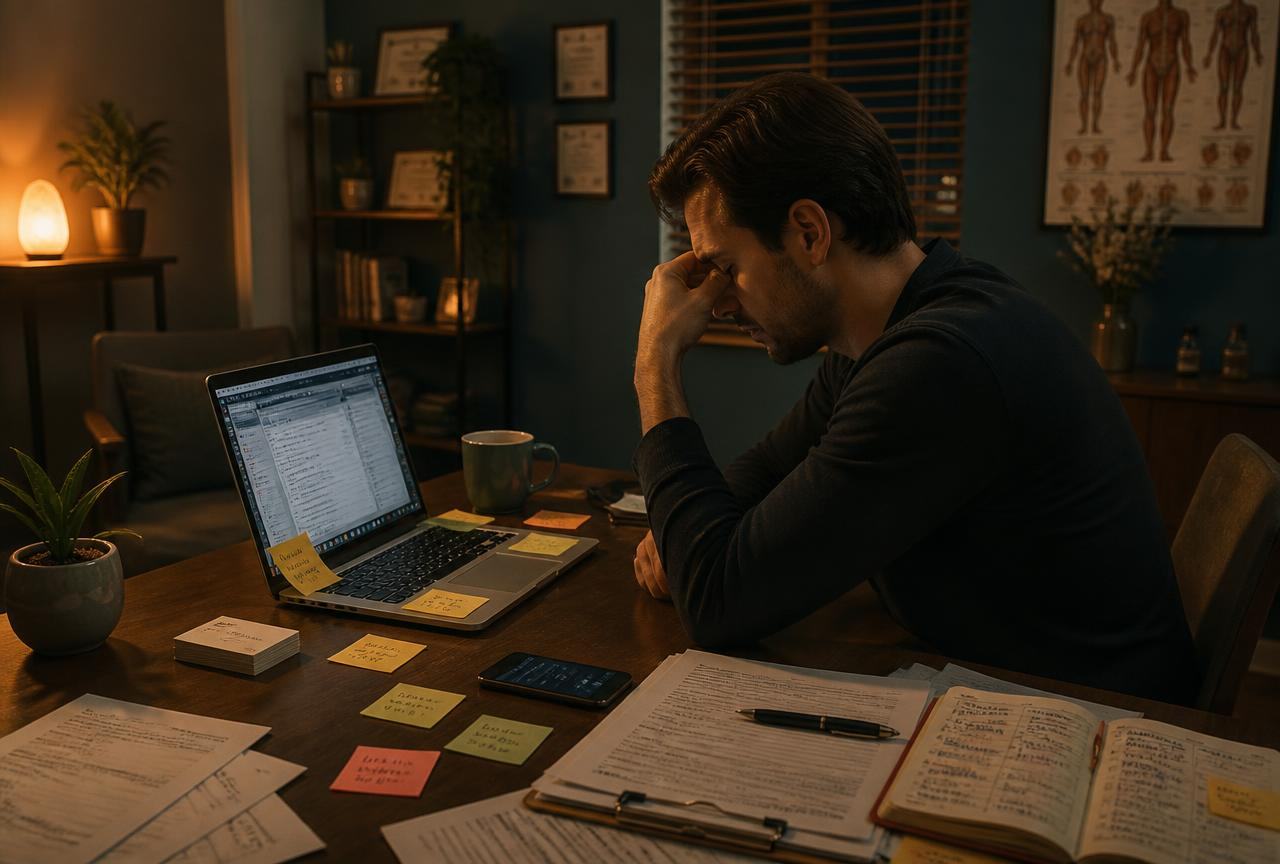 Solo wellness practitioner working late at a desk covered in intake forms, sticky notes and an open laptop full of browser tabs