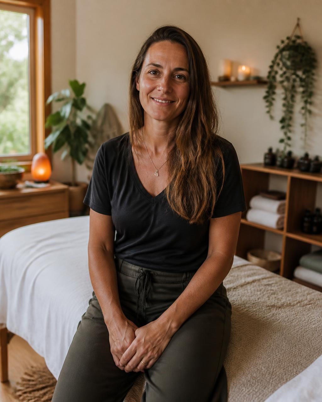 Sarah, a solo massage therapist and yoga teacher, smiling in her treatment studio after moving her whole business onto Alive24